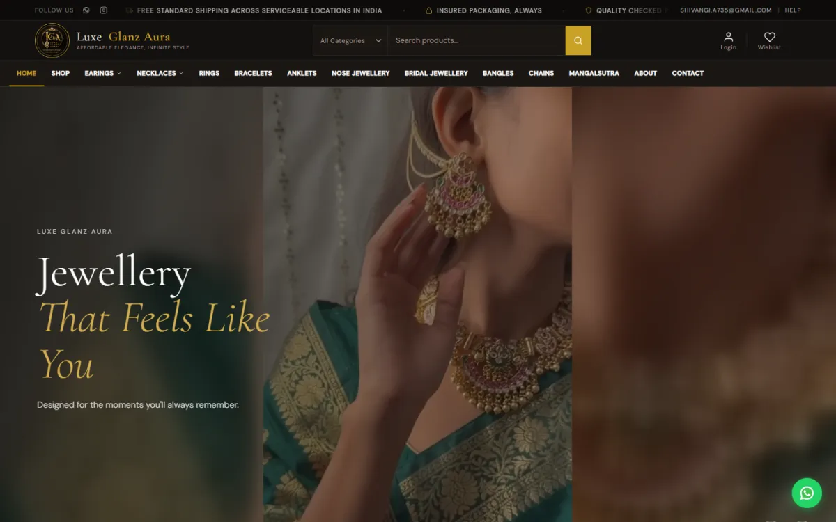 Luxe Glanz Aura online store home page on desktop